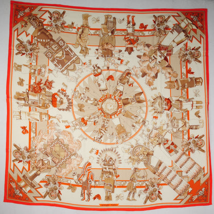 Hermes Cashmere Silk Kachinas Shawl 140 Orange Blanc Beige 2 of 6