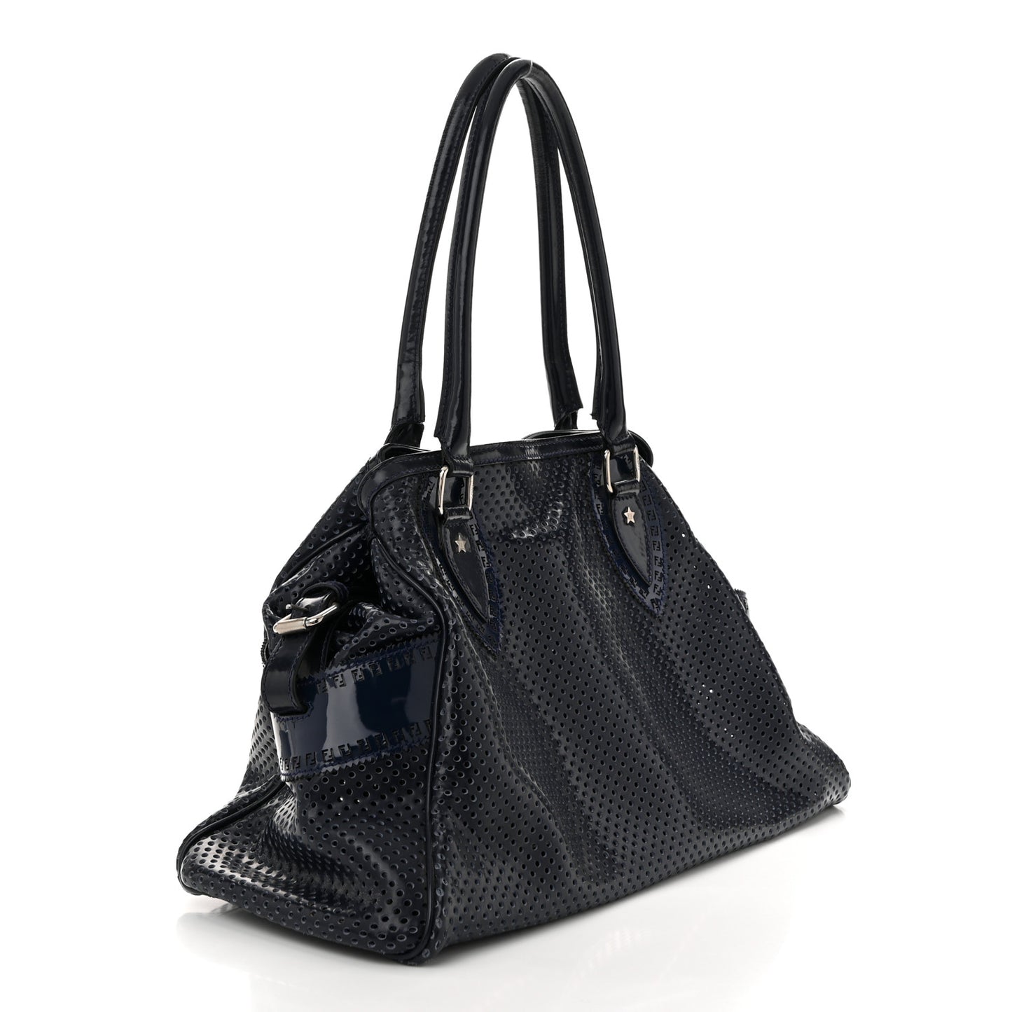 Patent Perforated Calfskin Bag De Jour Perforated Tote Navy