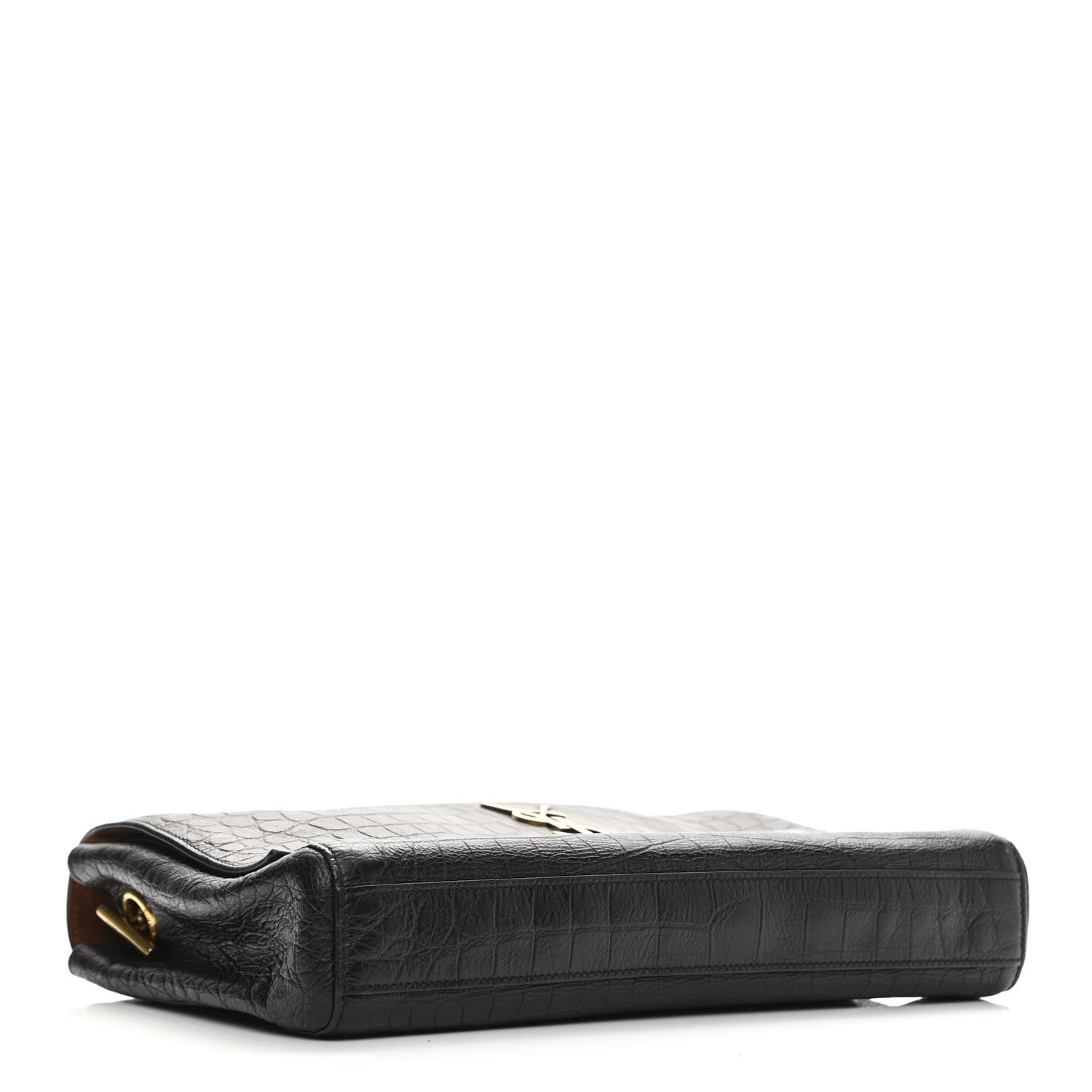 Saint Laurent Calfskin Crocodile Embossed Suede Medium Reversible Monogram Kate Satchel Military Taupe 6 of 19
