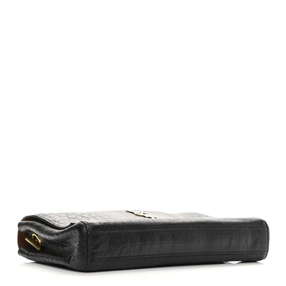 Saint Laurent Calfskin Crocodile Embossed Suede Medium Reversible Monogram Kate Satchel Military Taupe 6 of 19