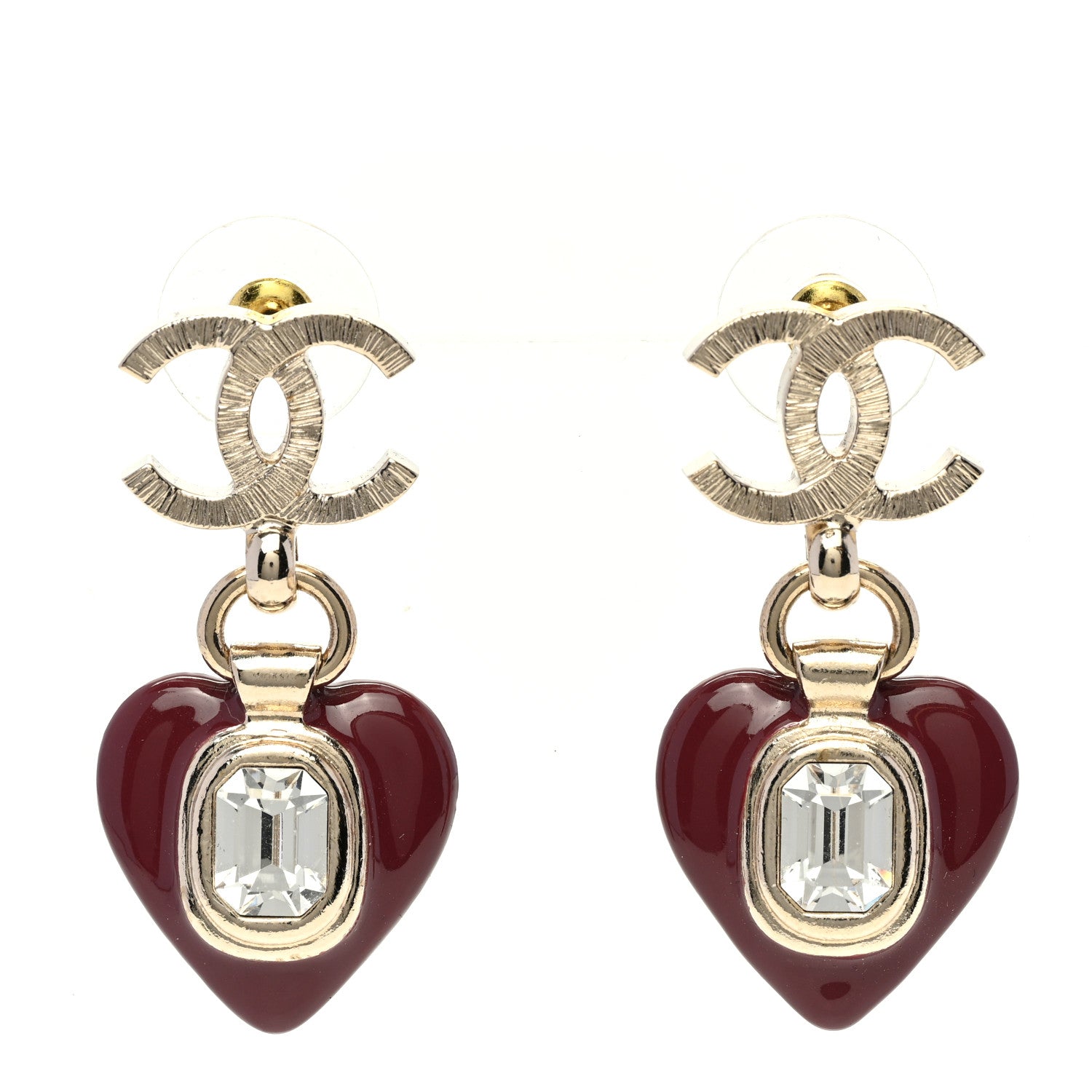 Chanel Resin Crystal CC Heart Drop Earrings Red Gold 1 of 5