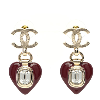 Chanel Resin Crystal CC Heart Drop Earrings Red Gold 1 of 5
