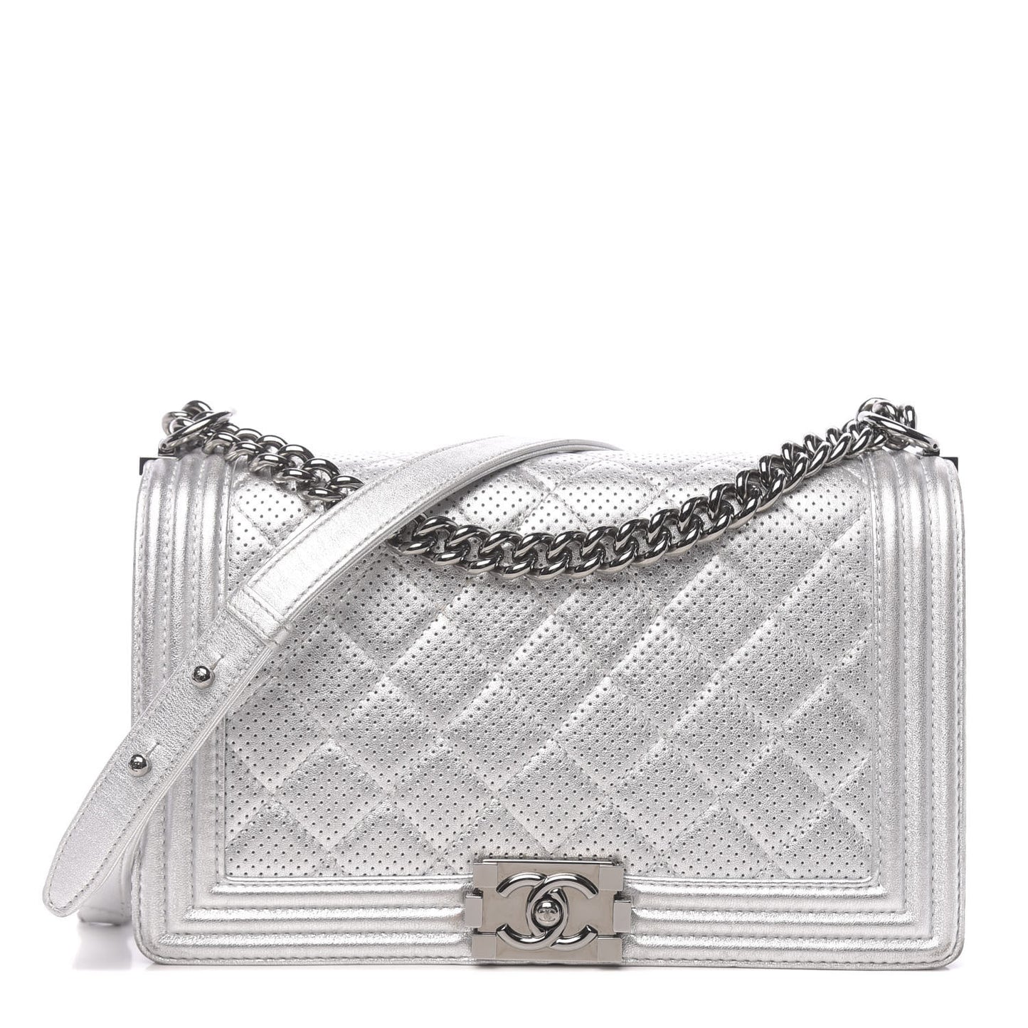 Metallic Lambskin Perforated New Medium Boy Flap Silver