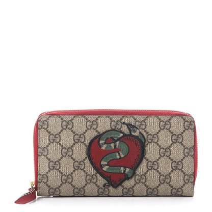 Gucci GG Supreme Monogram Kingsnake Heart Embroidered Zip Around Wallet Red 1 of 8