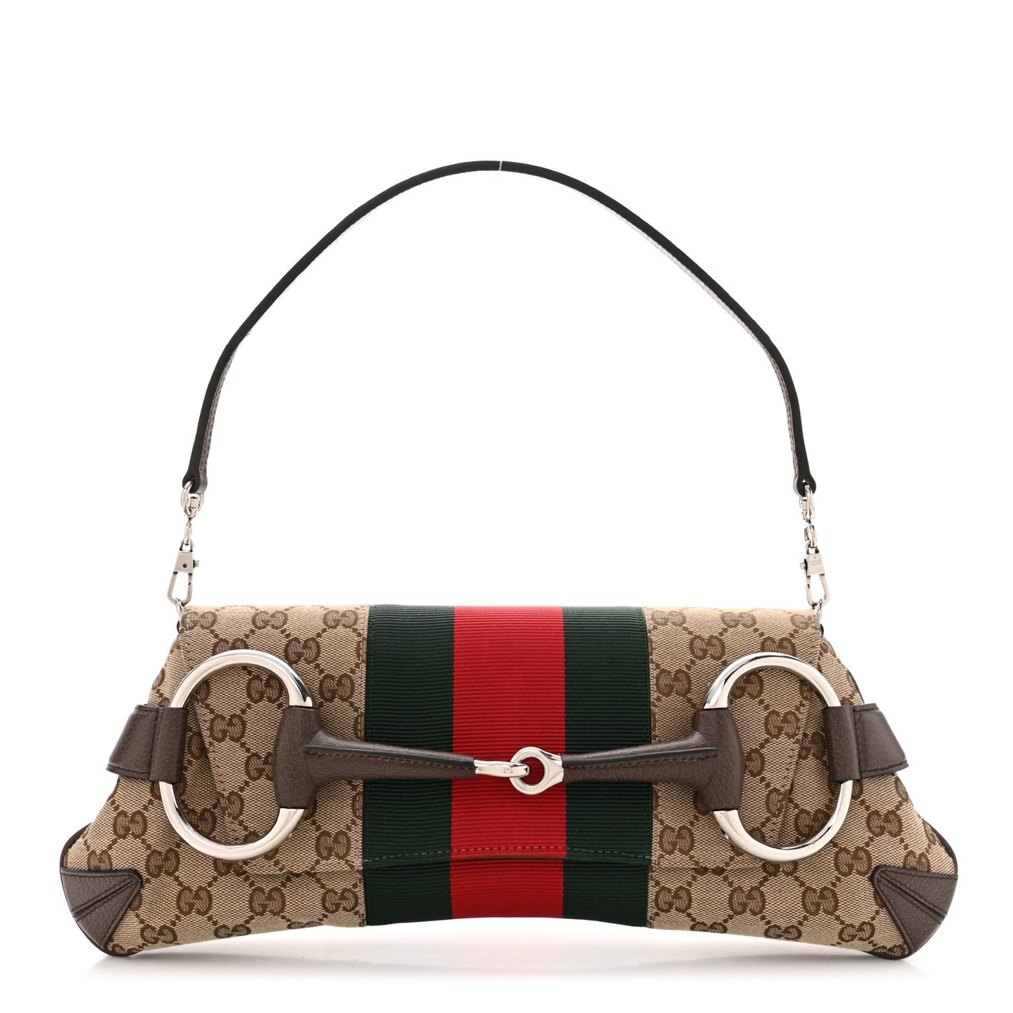 Monogram Textured Dollar Calfskin Heavy Grosgrain Web Medium Maxi Horsebit Chain Shoulder Bag Beige Ebony New Acero