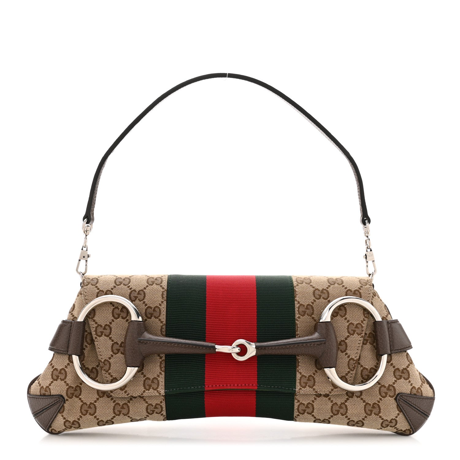 Gucci Monogram Textured Dollar Calfskin Heavy Grosgrain Web Medium Maxi Horsebit Chain Shoulder Bag Beige Ebony New Acero 1 of 9