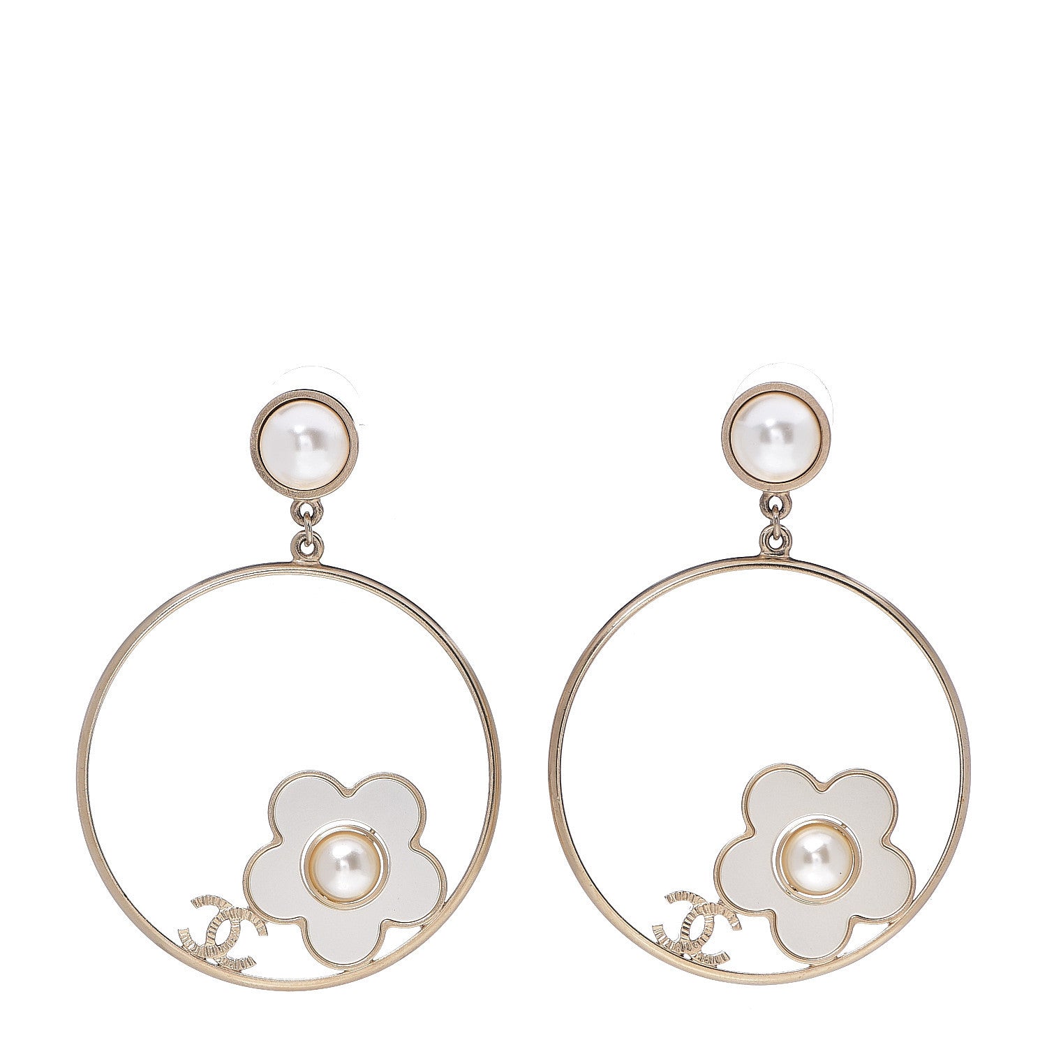Chanel Pearl CC Camellia Hoop Earrings Gold 1 of 4