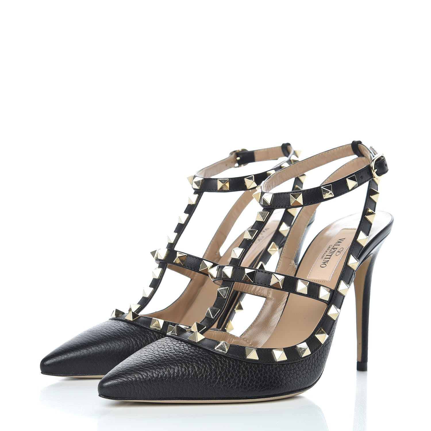 Valentino Garavani Pebbled Calfskin Rockstud Ankle Strap Pumps 38 Black 3 of 8