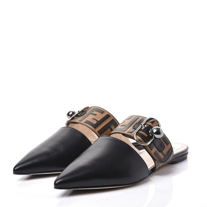 Fendi Vitello FF Embossed Buckle Flat Mules 37.5 Maya Black 2 of 10
