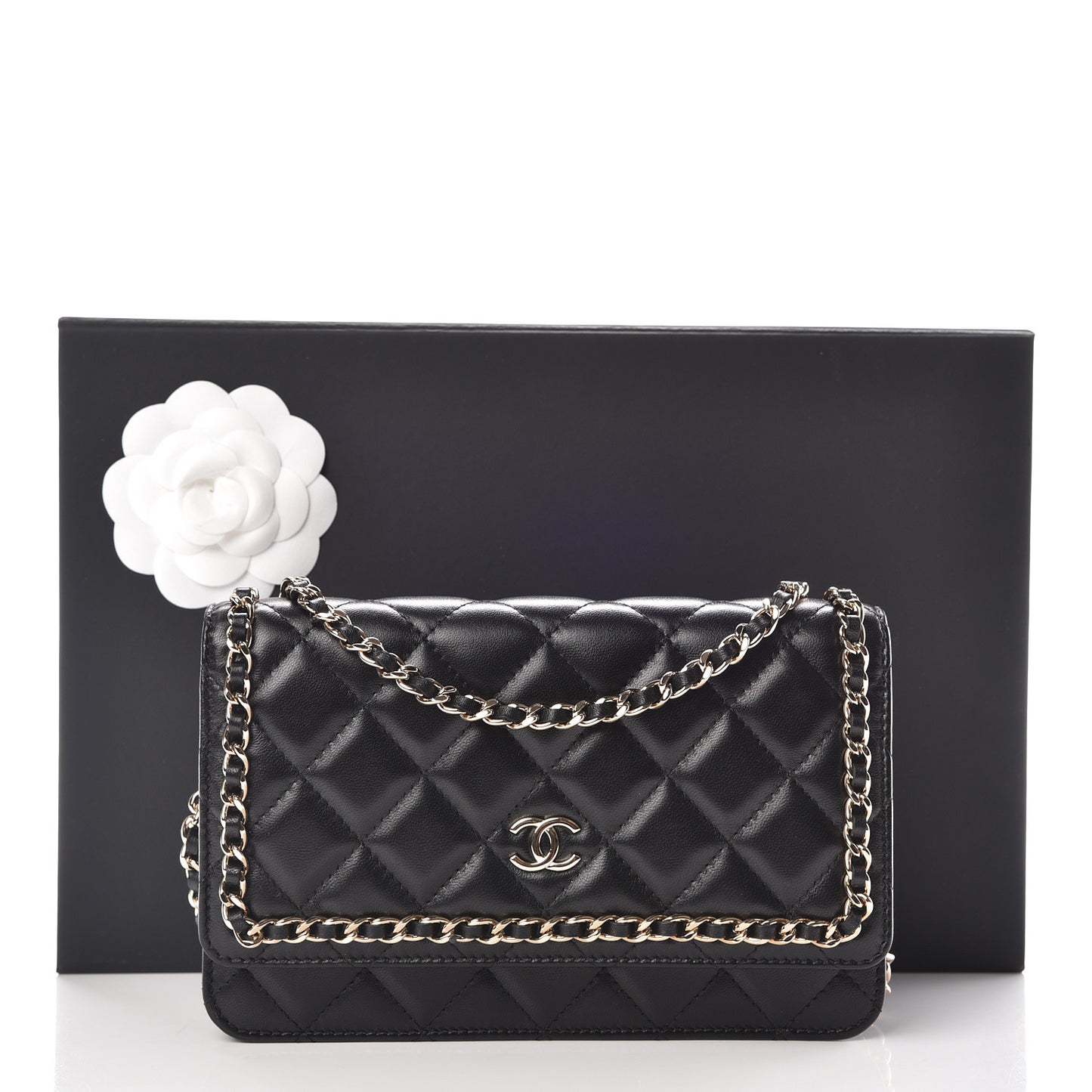 Lambskin Quilted Chain Around Wallet On Chain WOC Black