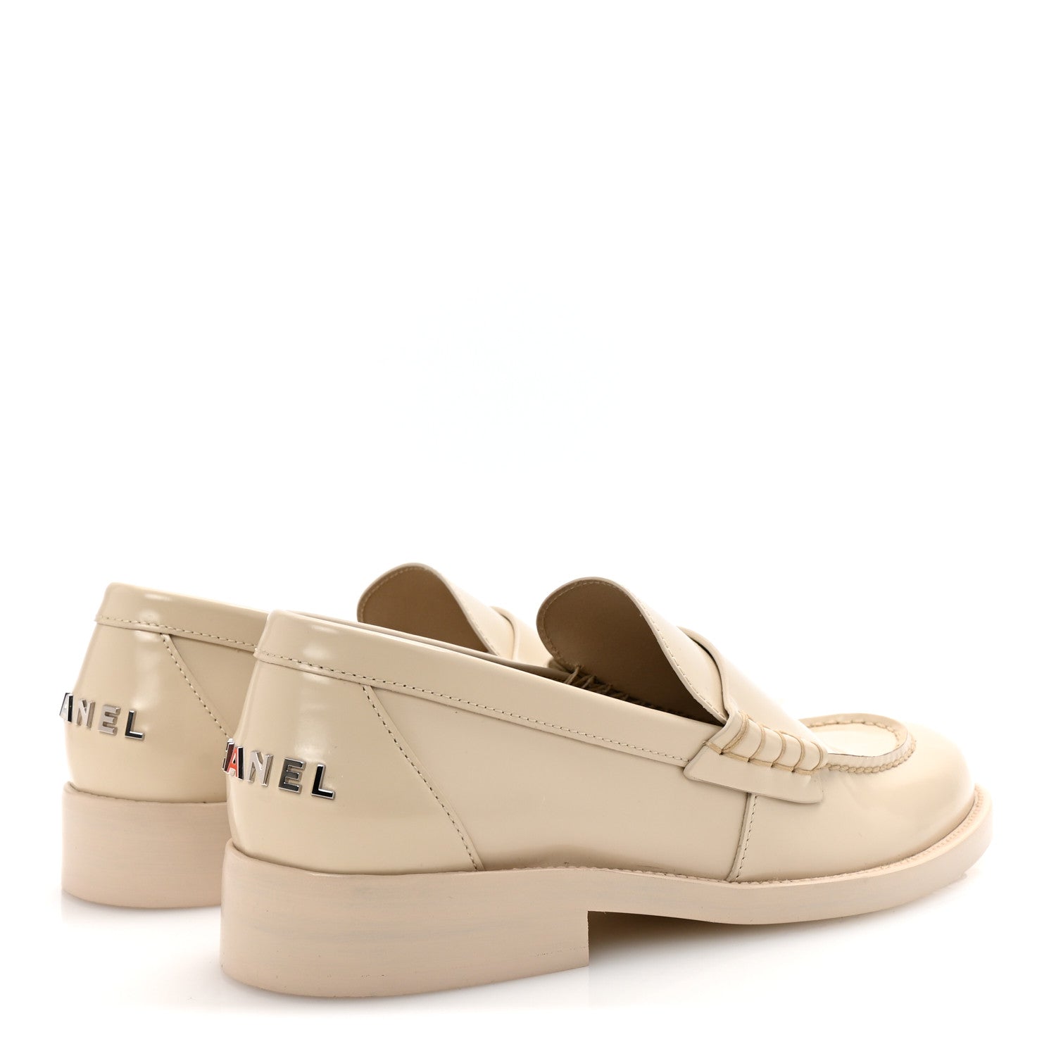 Chanel Shiny Calfskin Logo Loafers 38.5 Light Beige 5 of 10