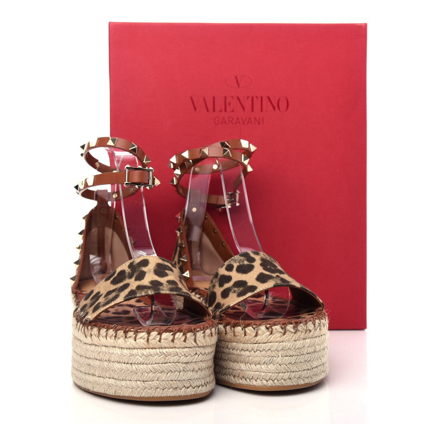 Canvas Leopard Print Rockstud Ankle Wrap Espadrille Flatform Sandals 38 Brown