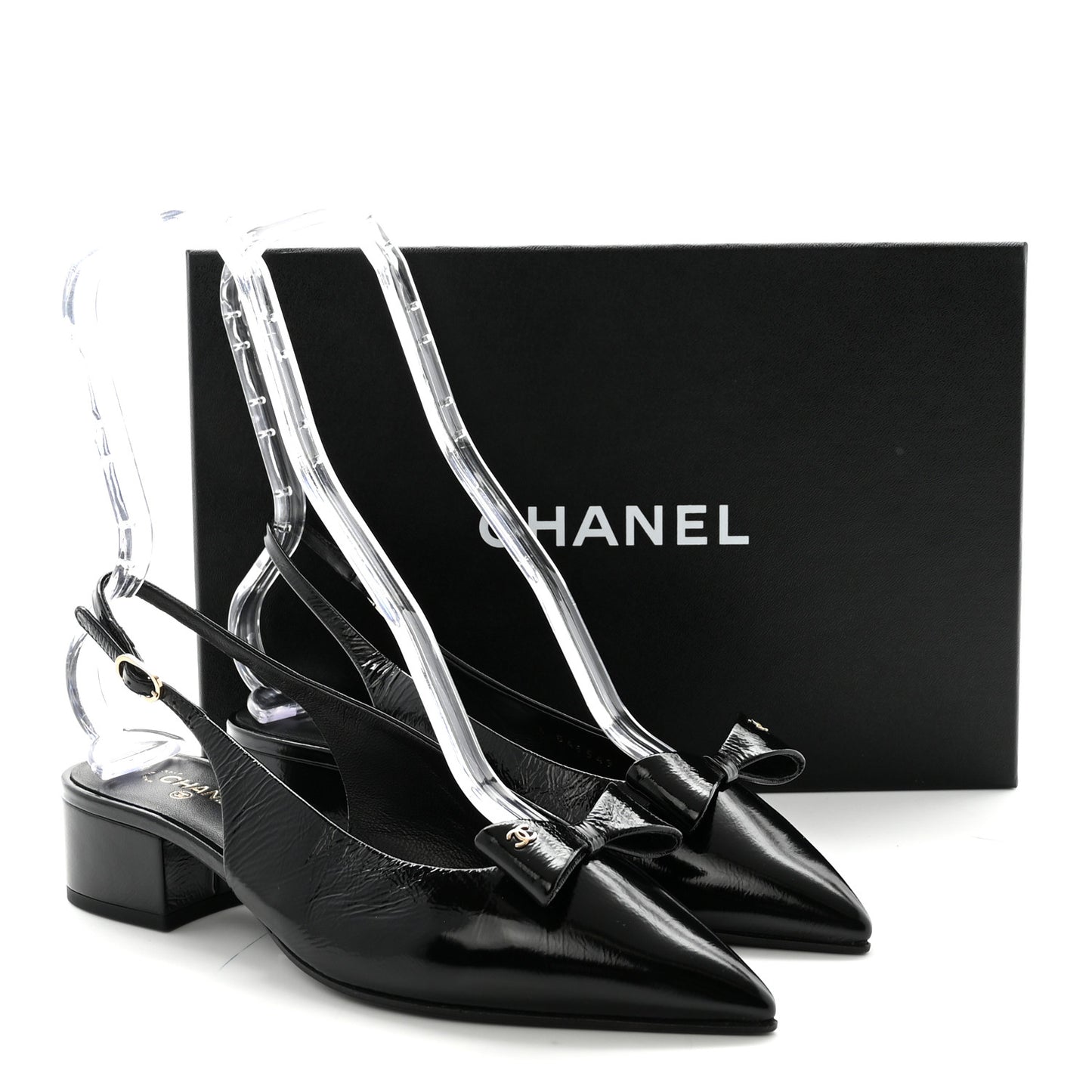 Crumpled Patent Calfskin CC Bow Slingback Pumps 37 Black