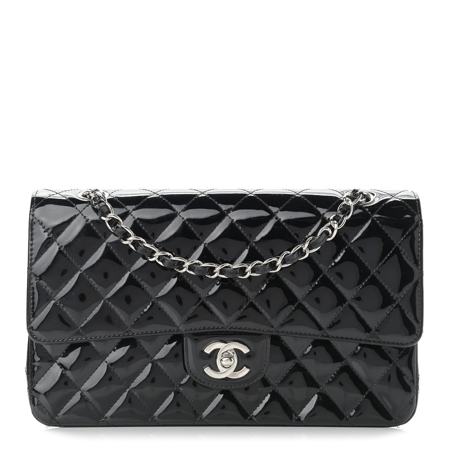 Patent Quilted Medium Double Flap Black