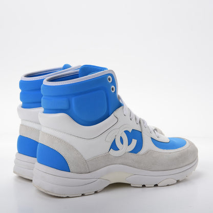 Chanel Suede Calfskin Lambskin High Top CC Sneakers 36.5 White Blue 4 of 10