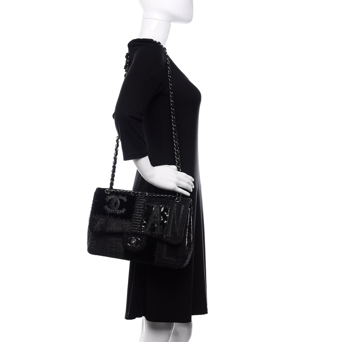Tweed Patchwork Jumbo Single Flap Black