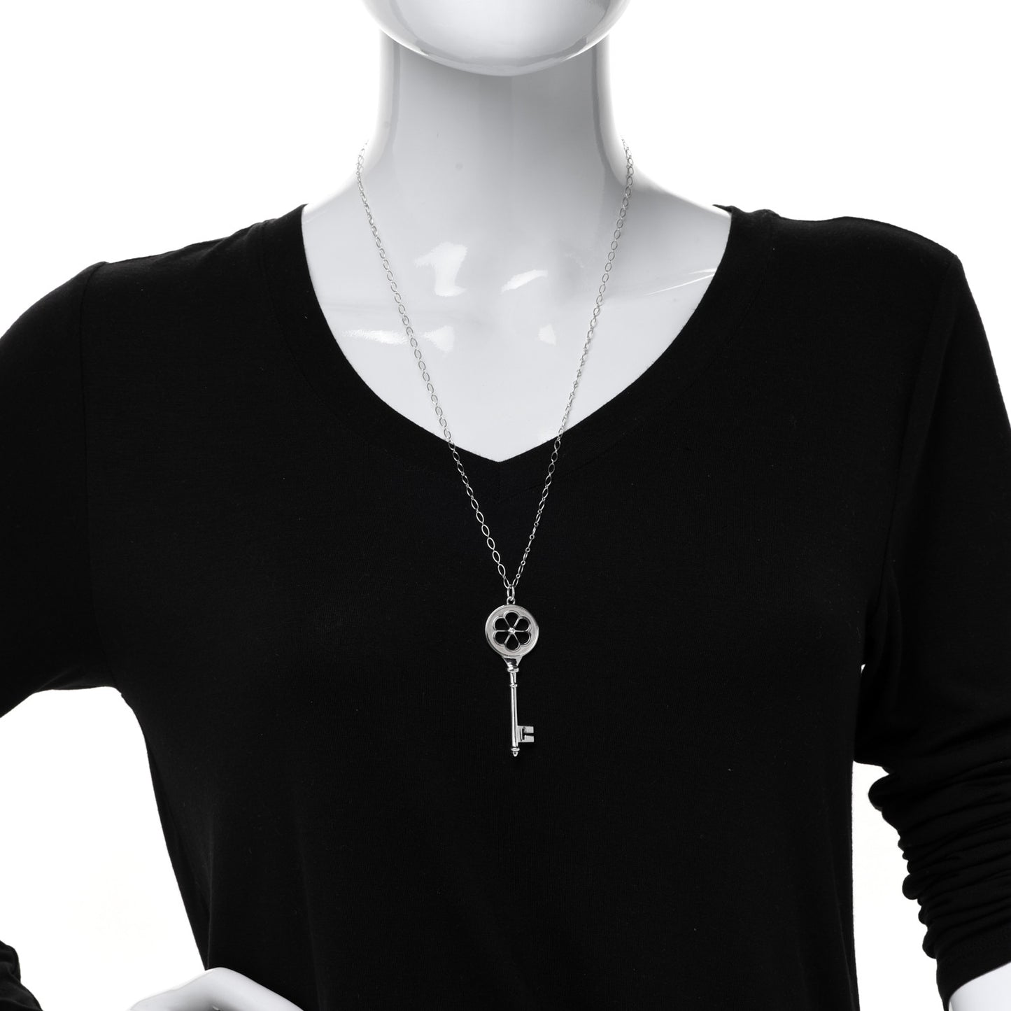 Sterling Silver Diamond Blossom Key Pendant Link Necklace