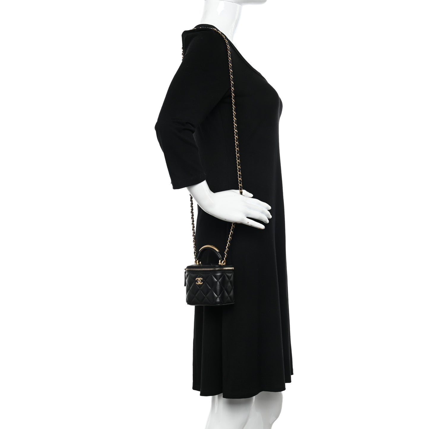 Lambskin Quilted Metal Mini Top Handle Vanity Case With Chain Black