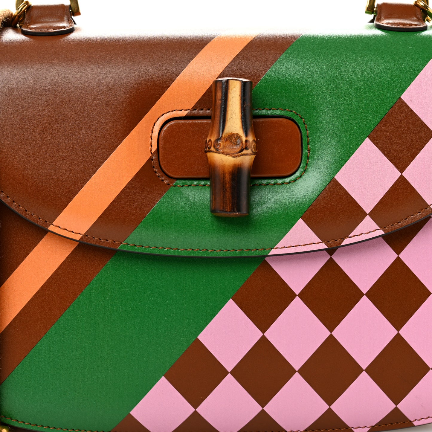 Calfskin Geometric Print Medium Bamboo 1947 Top Handle Bag Brown