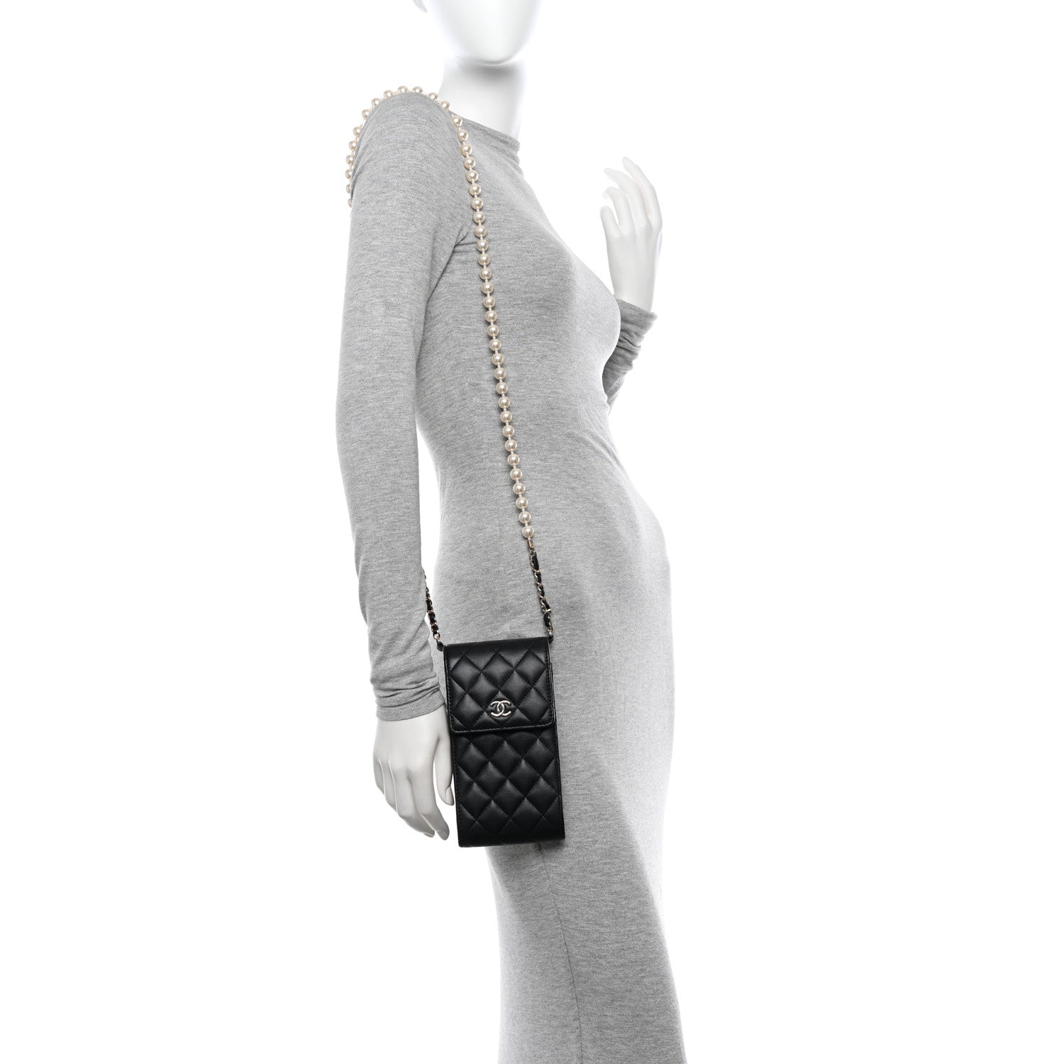 Chanel Lambskin Quilted Pearl Phone Holder With Chain Black 2 of 11