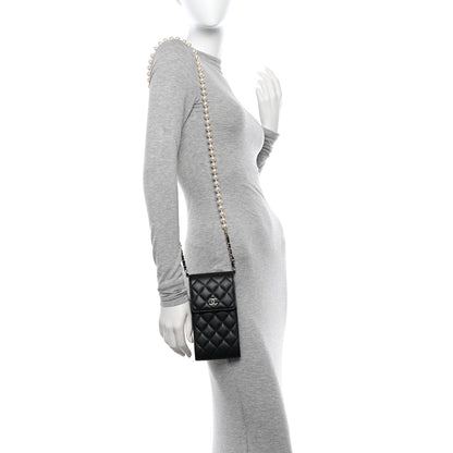 Chanel Lambskin Quilted Pearl Phone Holder With Chain Black 2 of 11