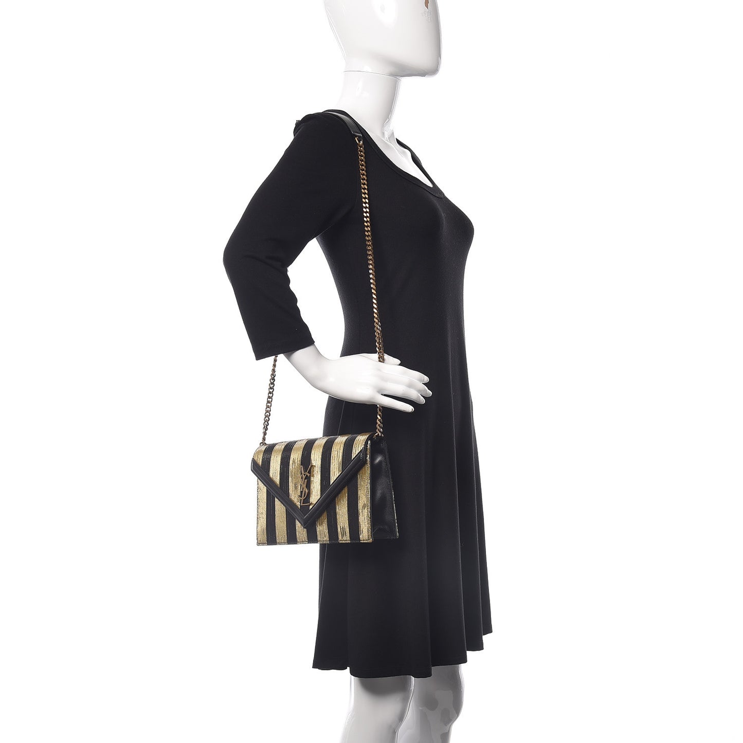 Metallic Silk Calfskin Striped Le Sept Chain Bag Black Gold