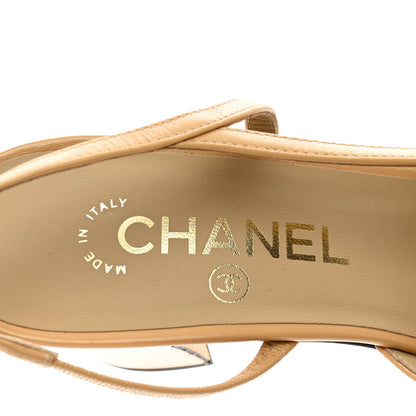 Chanel Goatskin Grosgrain Cap Toe CC Slingback Pumps 38 Beige Black 7 of 8
