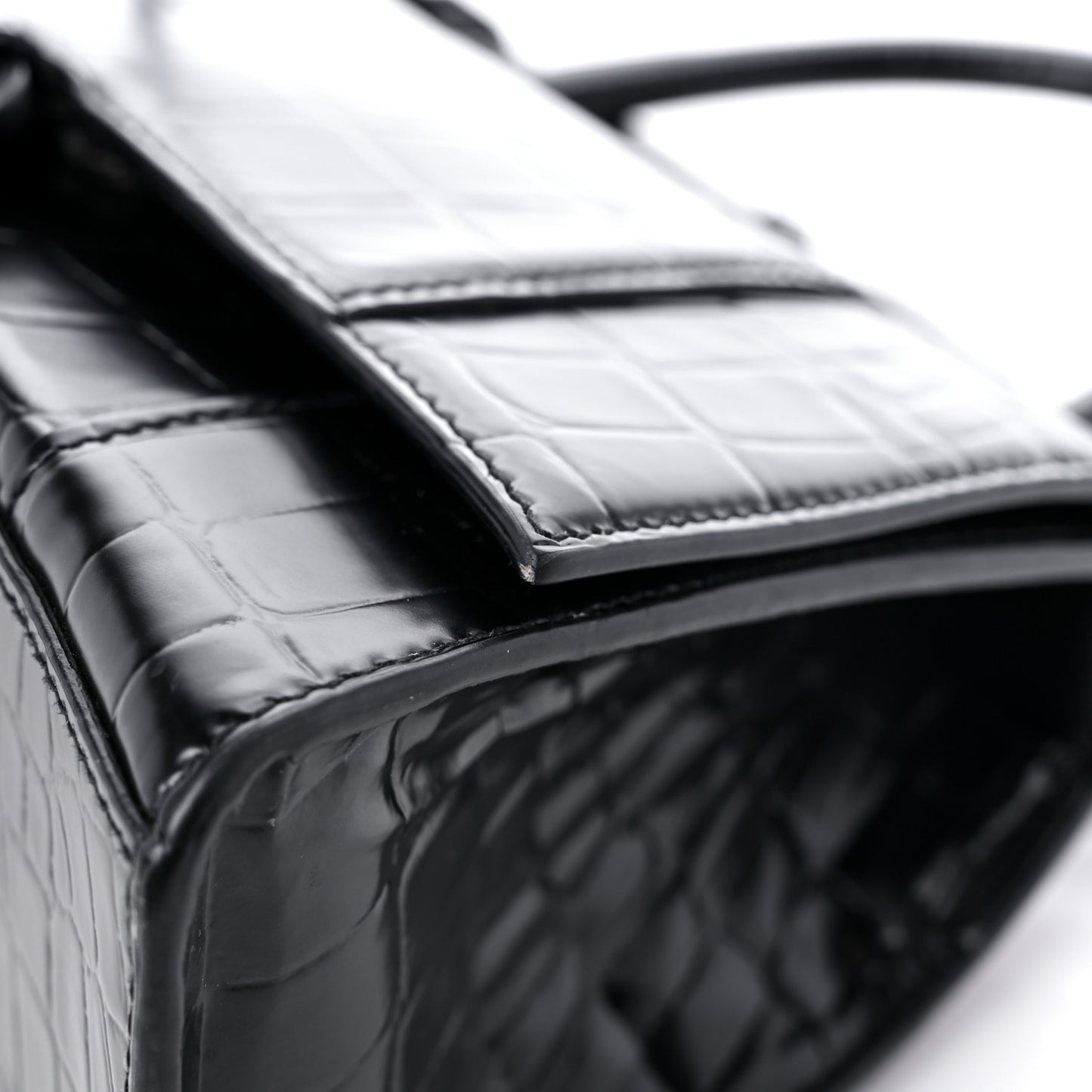 Shiny Calfskin Monochrome Crocodile Embossed Small Hourglass Top Handle Bag Black