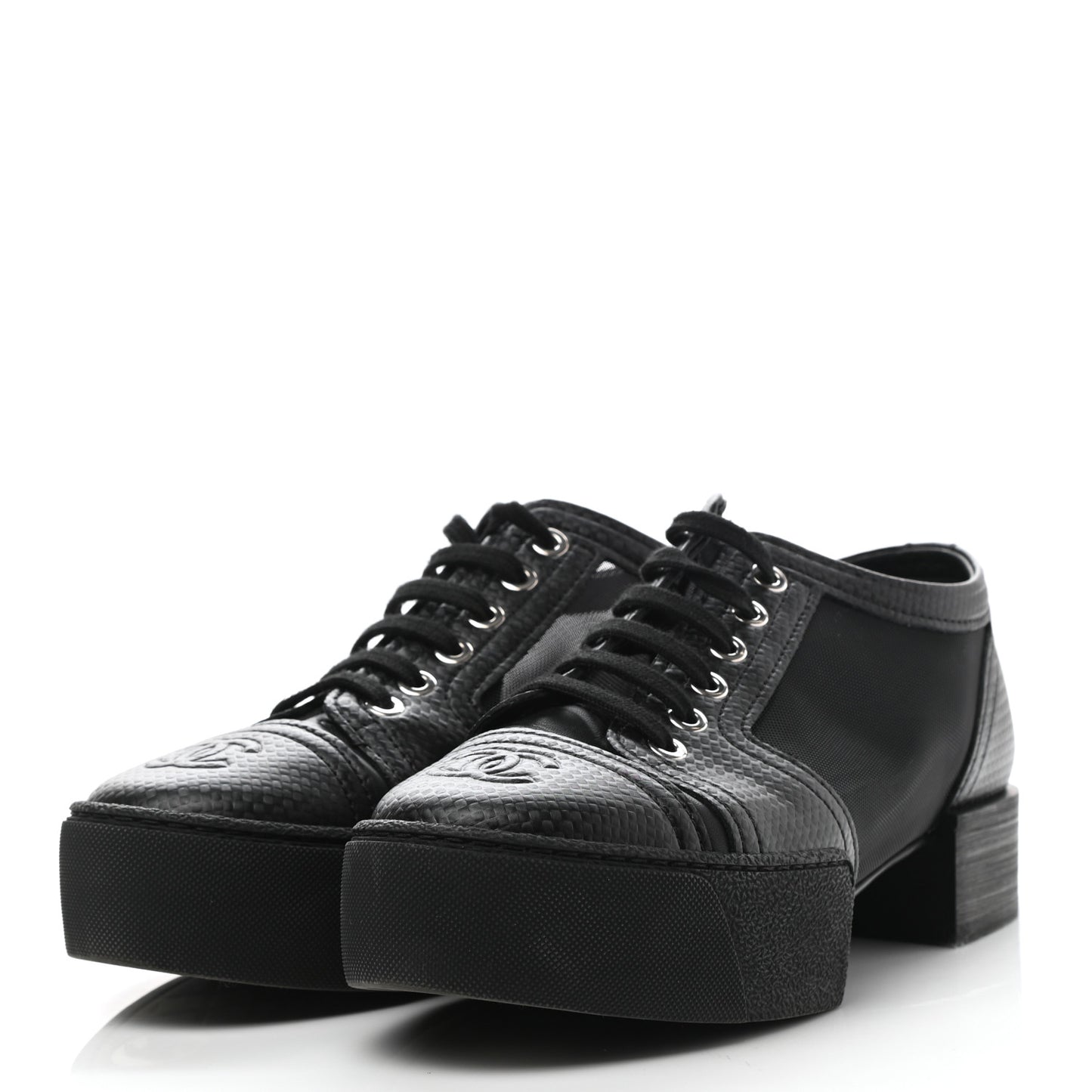 Embossed Calfskin Mesh Lace Up Sneakers 37 Black