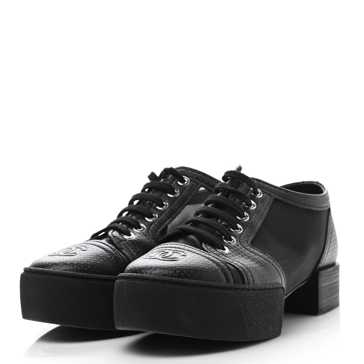 Chanel Embossed Calfskin Mesh Lace Up Sneakers 37 Black 3 of 7