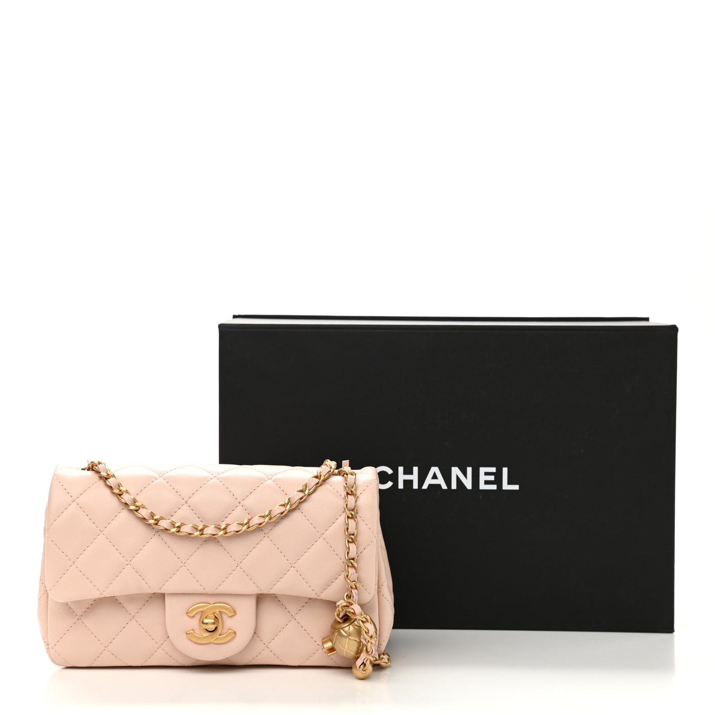 Lambskin Quilted Mini Rectangular Pearl Crush Flap Light Beige