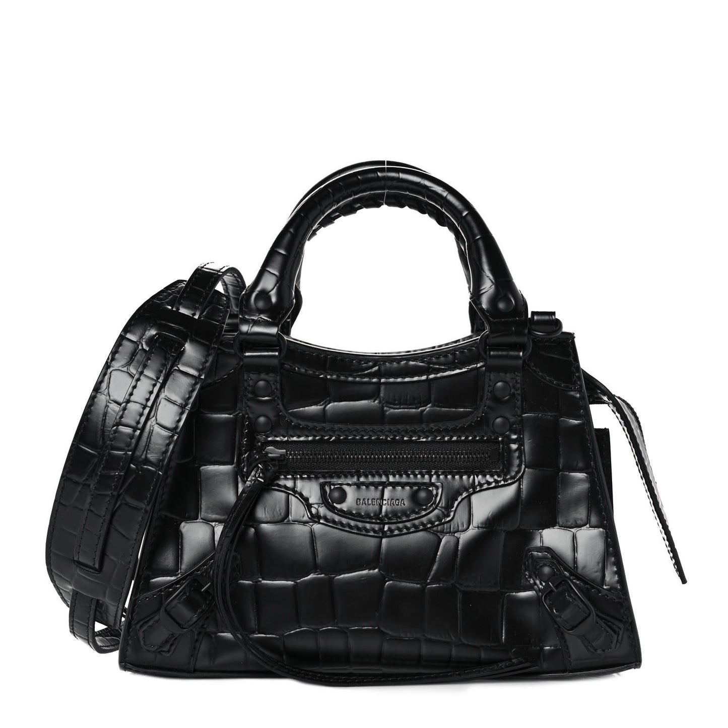 Semi Shiny Calfskin Crocodile Embossed Neo Classic Black Hardware Mini City Black