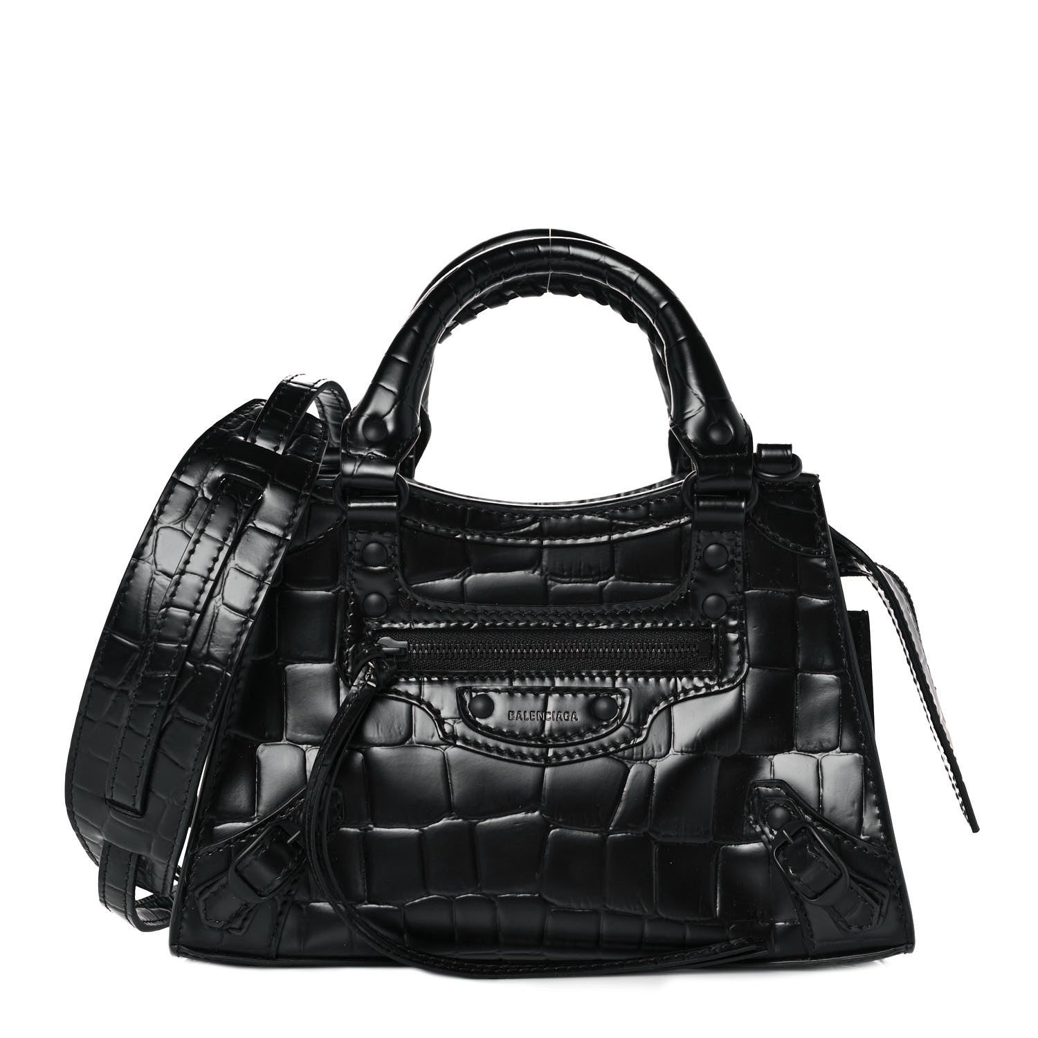 Balenciaga Semi Shiny Calfskin Crocodile Embossed Neo Classic Black Hardware Mini City Black 1 of 8
