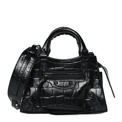 Balenciaga Semi Shiny Calfskin Crocodile Embossed Neo Classic Black Hardware Mini City Black 1 of 8