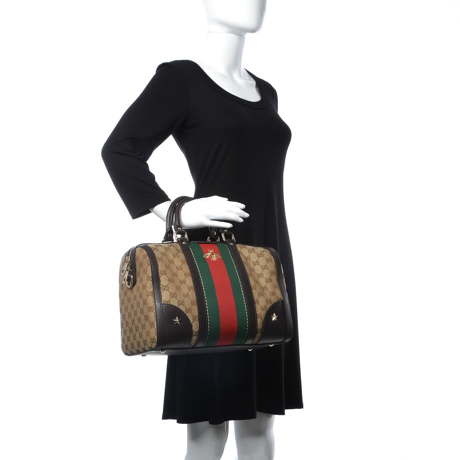 Gucci Monogram Vintage Web Medium Webby Bee Boston Dark Brown 2 of 8