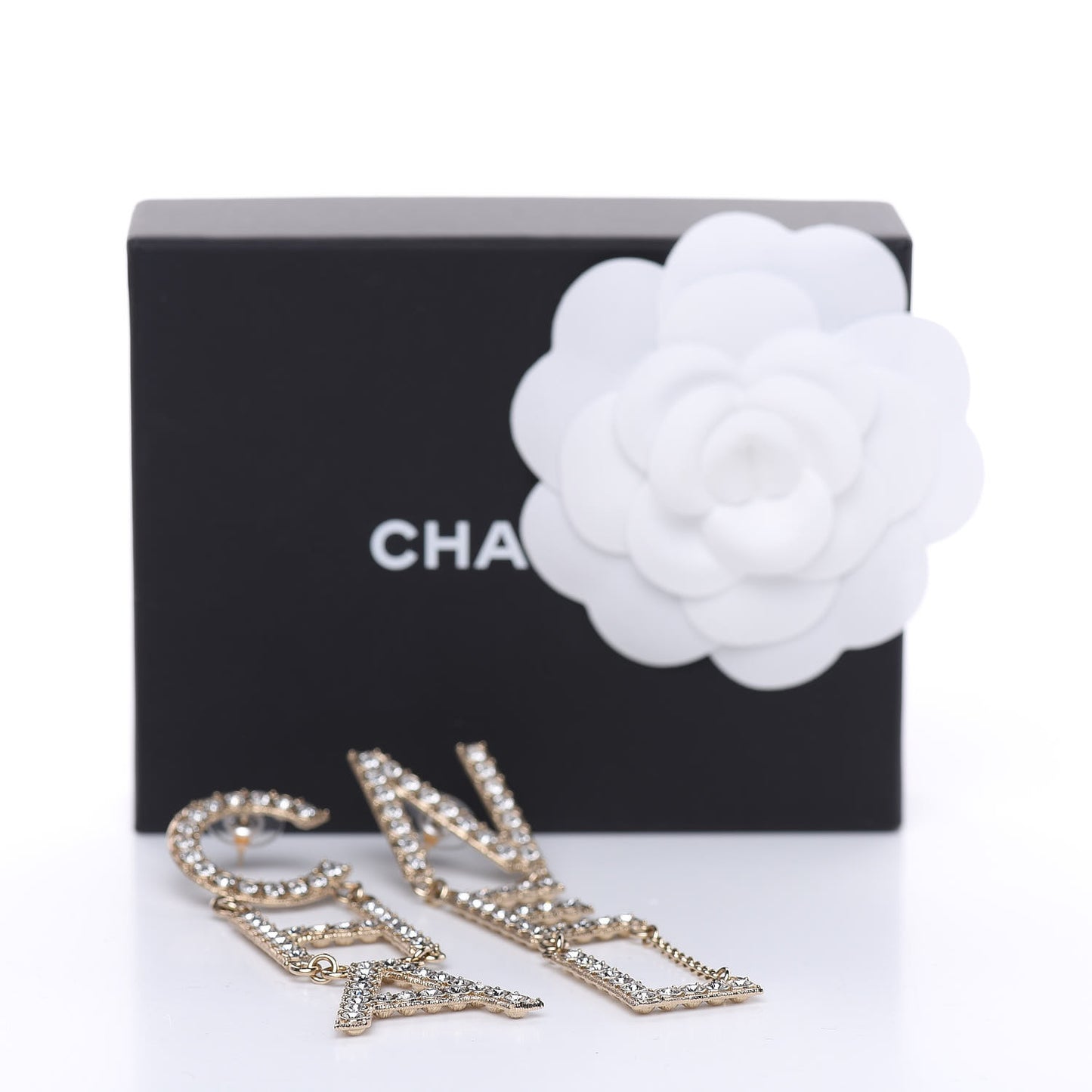 Crystal Cha-Nel Logo Drop Earrings Gold