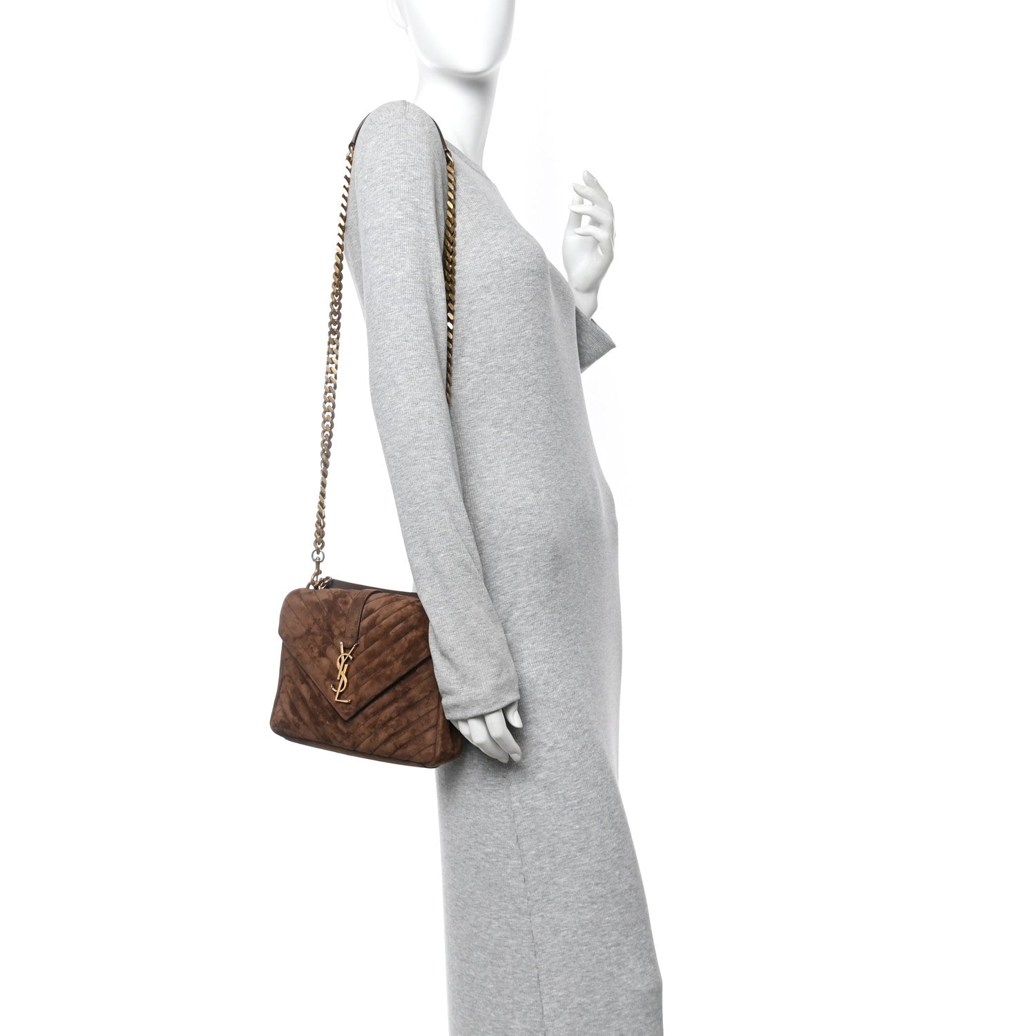 Saint Laurent Suede Matelasse Chevron Monogram Medium College Bag Bark Brown 2 of 13