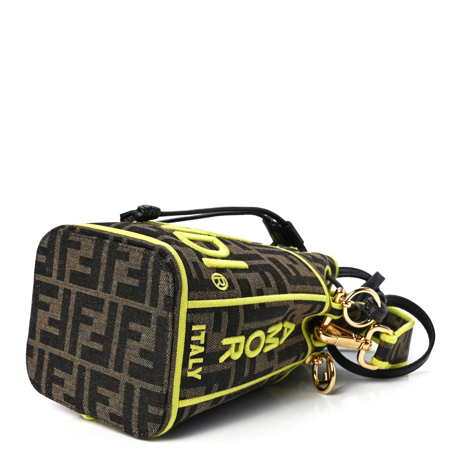 Fendi Fabric Jacquard Shiny Nappa FF 1974 Logo Threaded Edge Mini Mon Tresor Bucket Bag Tobacco Moro Giallo Fluo 10 of 12