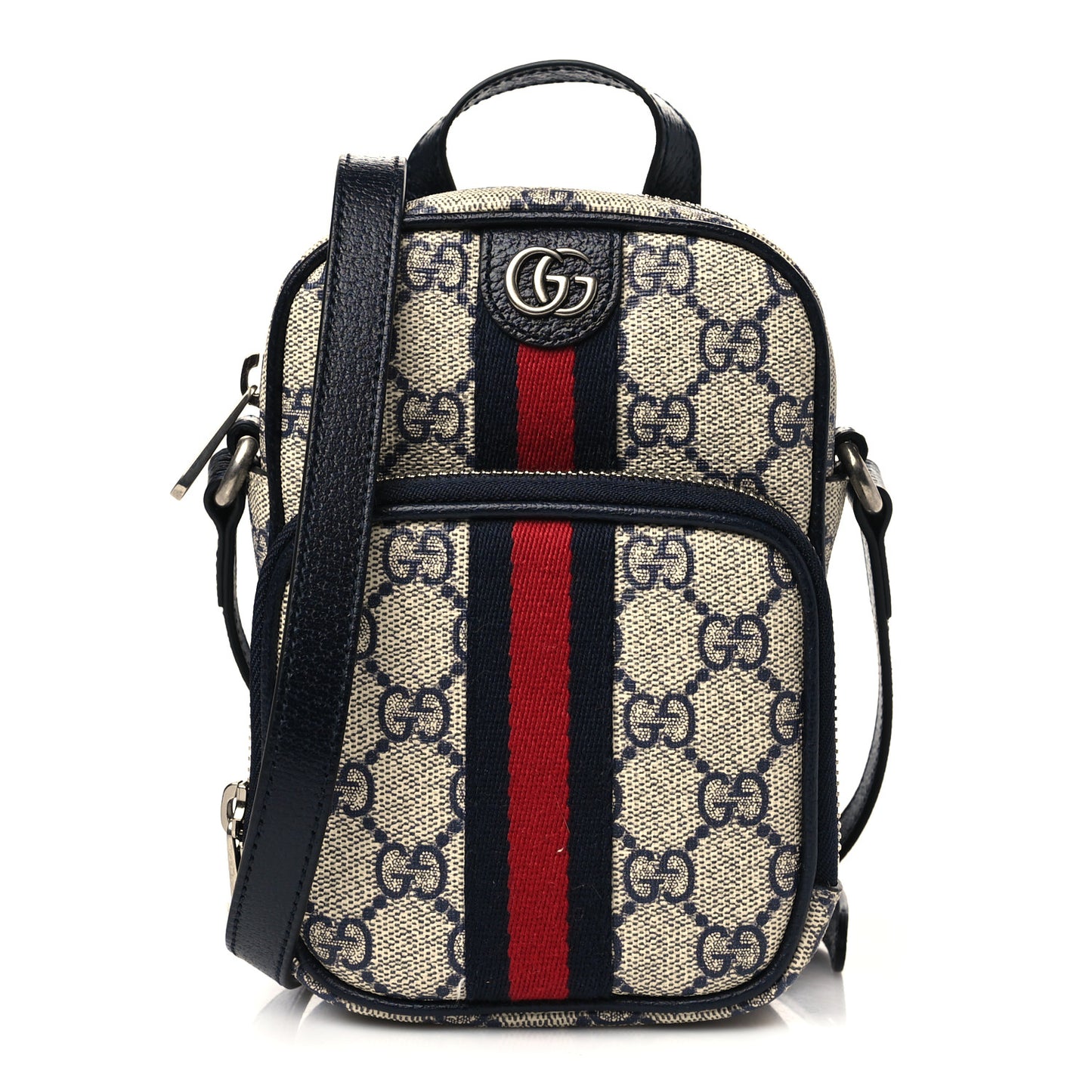 GG Supreme Monogram Textured Dollar Calfskin Web Mini Ophidia Double Zip Messenger Bag Beige Blue