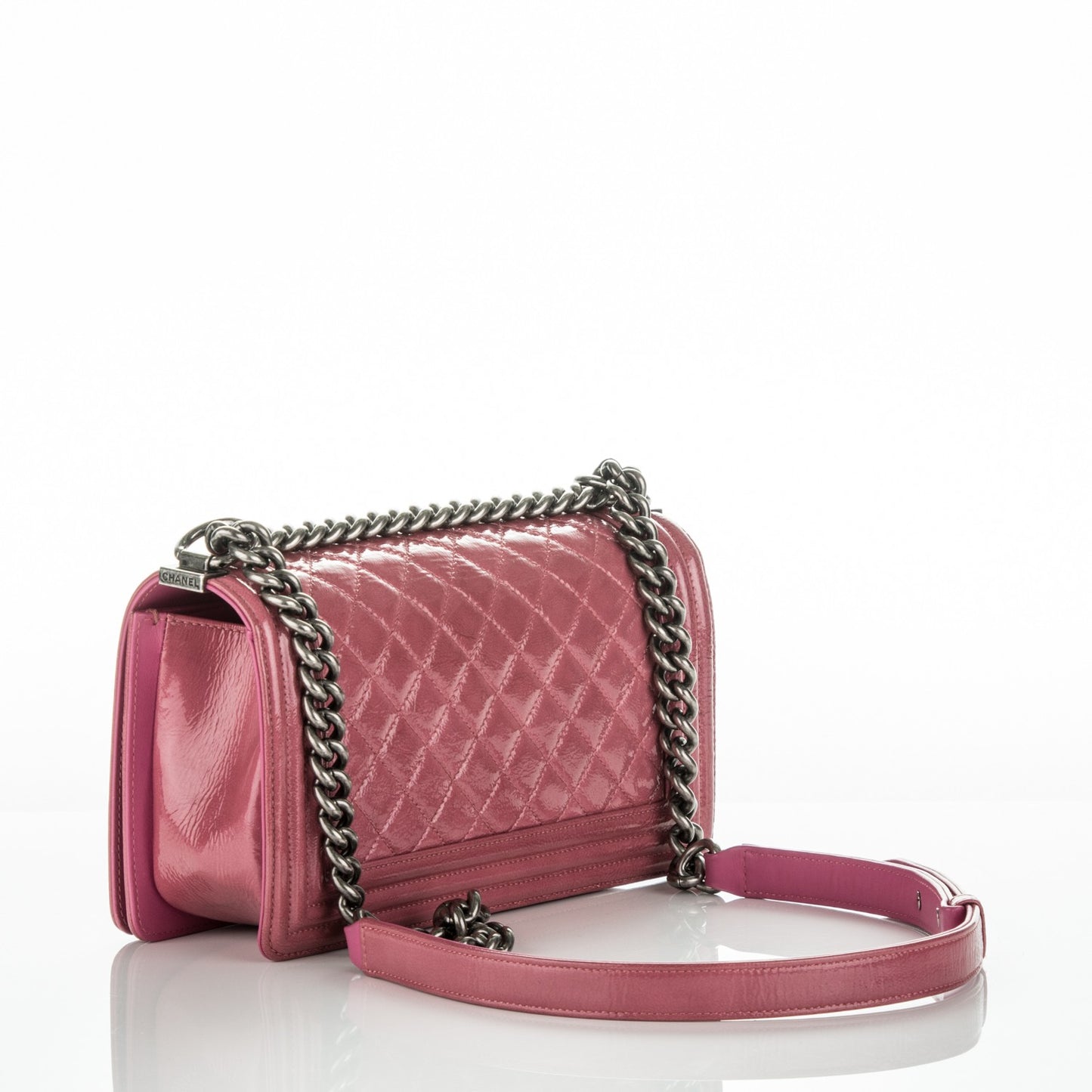 Distressed Patent Quilted Medium Boy Flap Pink