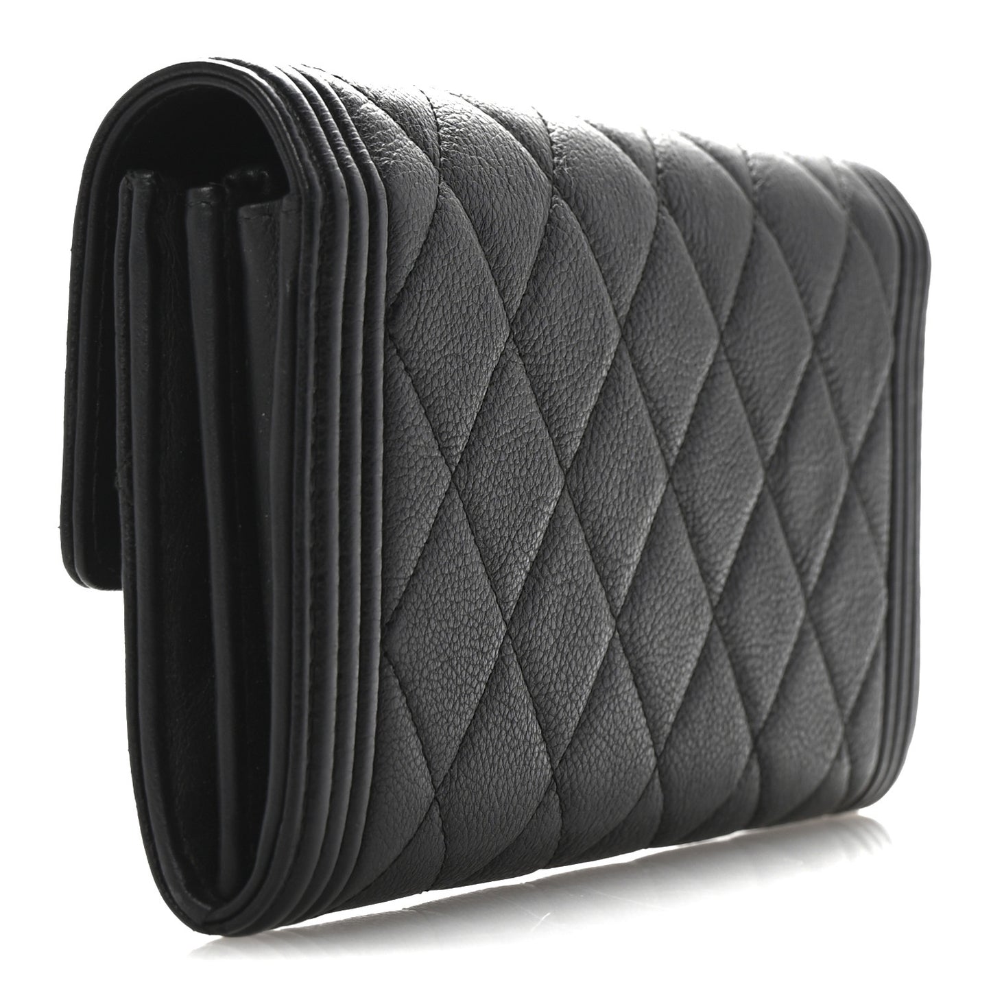 Calfskin Quilted Large Boy Gusset Flap Wallet Black
