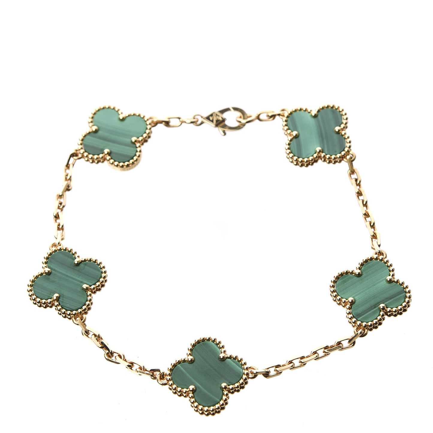18K Yellow Gold Malachite 5 Motifs Vintage Alhambra Bracelet