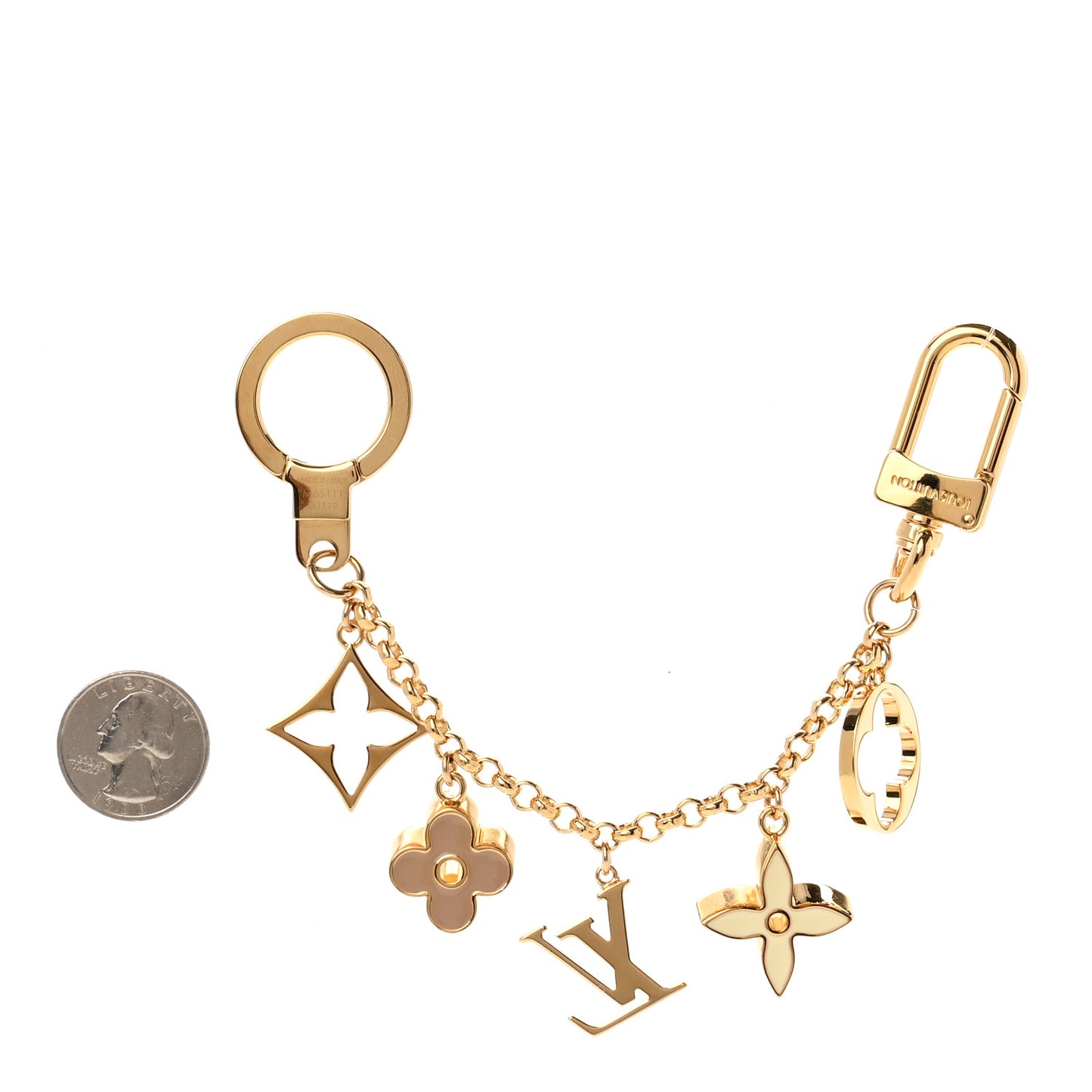 Brass Enamel Fleur De Monogram Bag Charm Chain Gold