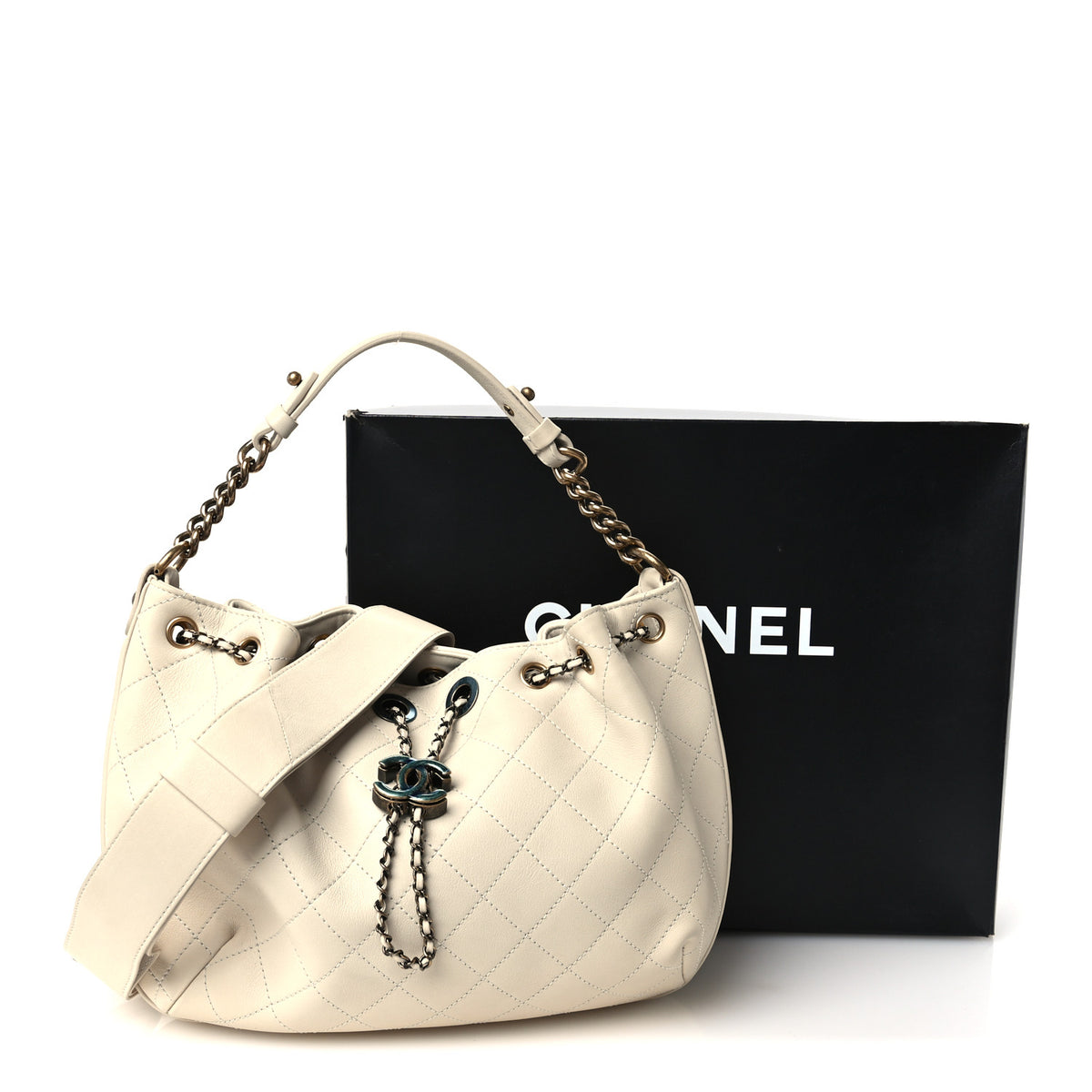 Calfskin Stitched Small Paris Rome Drawstring CC Bag White