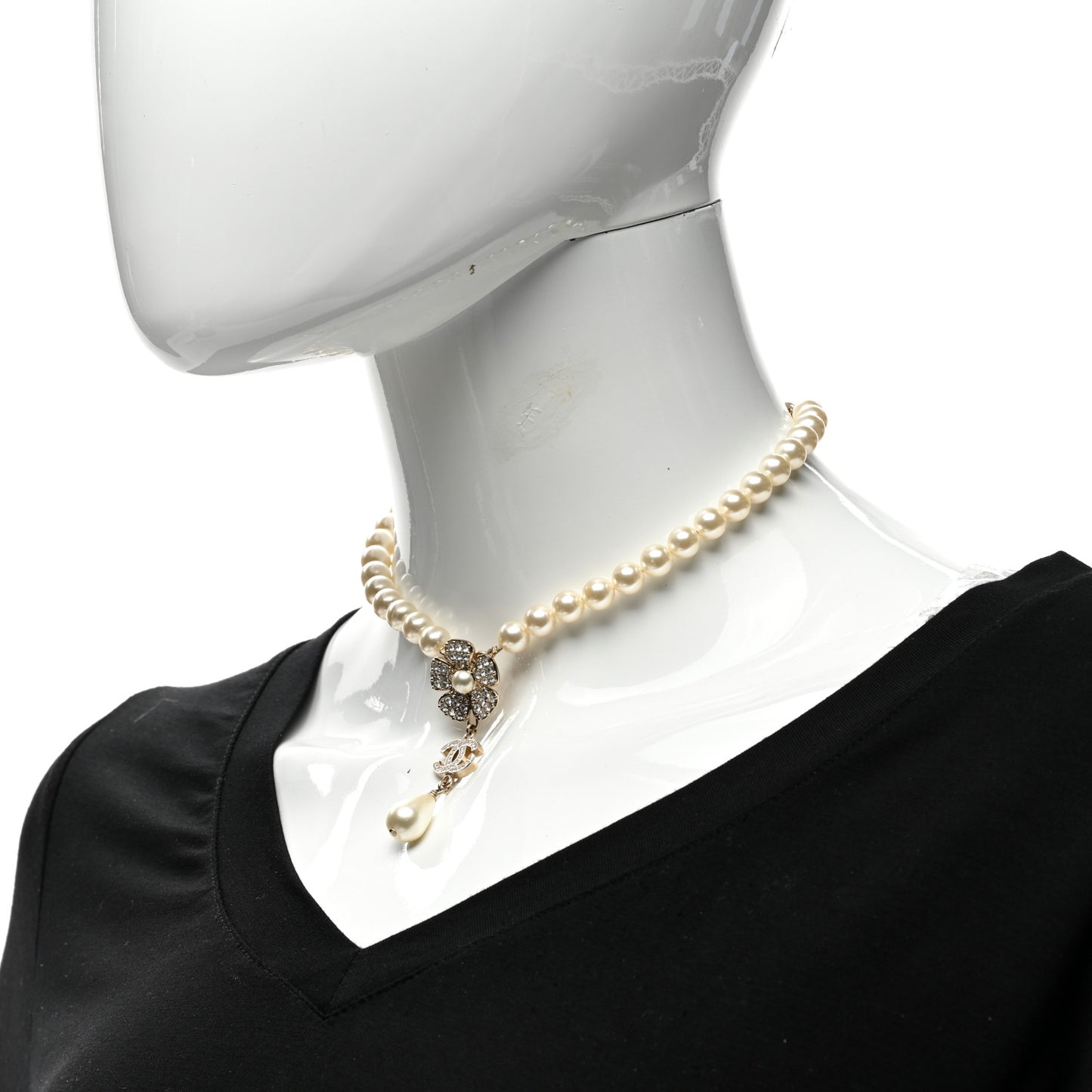 Pearl Crystal CC Camellia Choker Necklace Gold