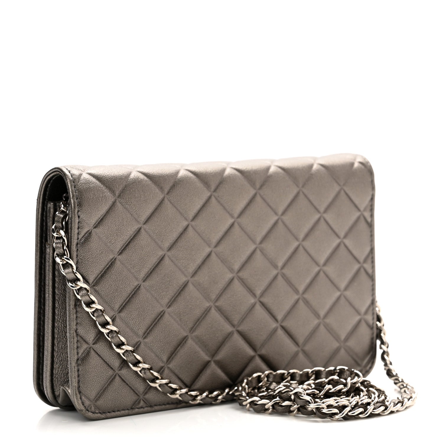 Chanel Metallic Goatskin Quilted Diamond CC Wallet On Chain WOC Pewter 3 of 12