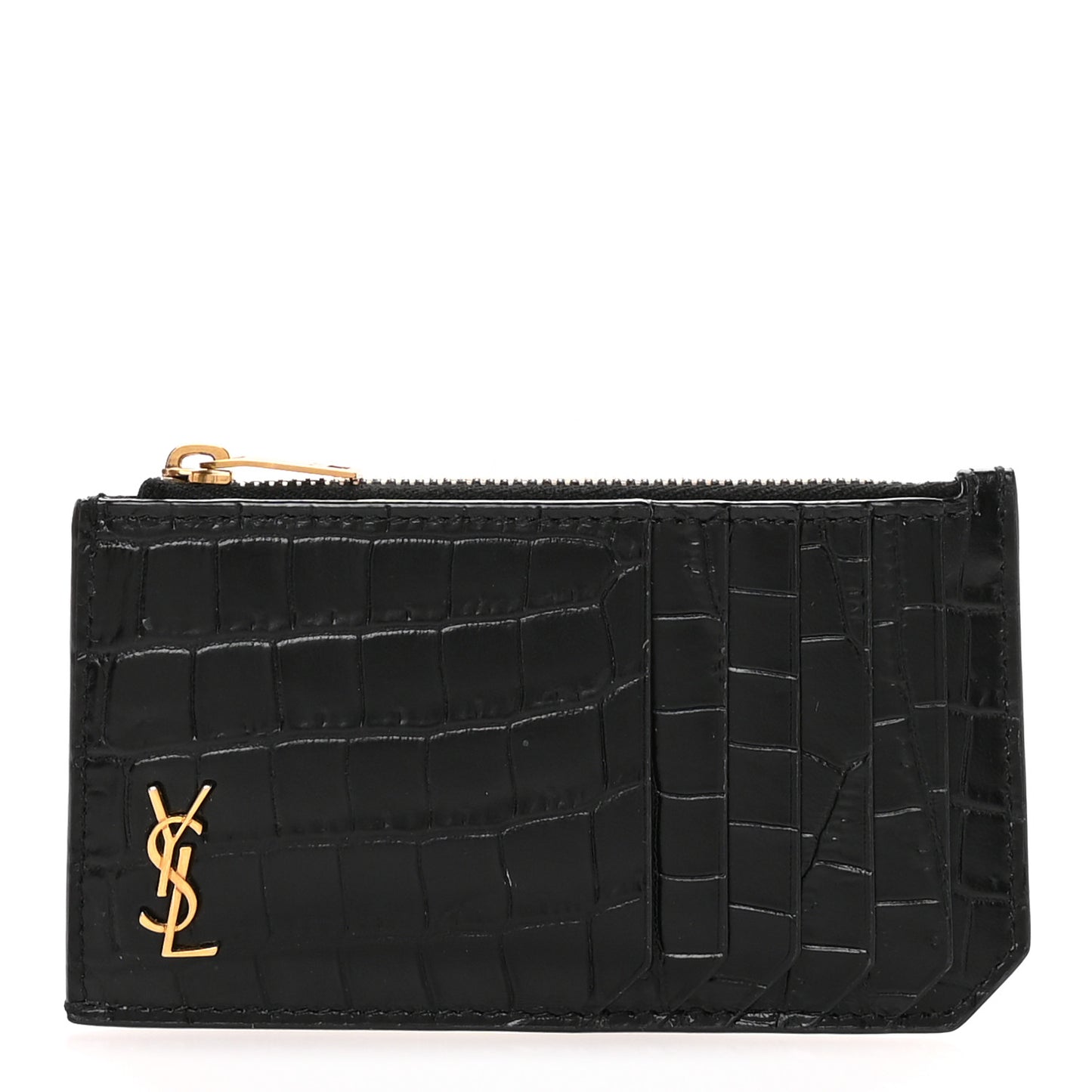 Calfskin Crocodile Embossed 5 Fragments Zip Pouch Card Holder Black