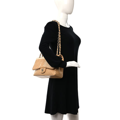 Chanel Patent Chevron Quilted Jumbo Double Flap Beige 2 of 12