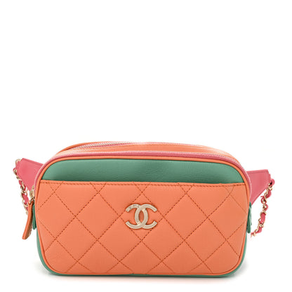 Chanel Goatskin Quilted Tri-Color In & Out Waist Bag Orange Green Pink 4 of 13