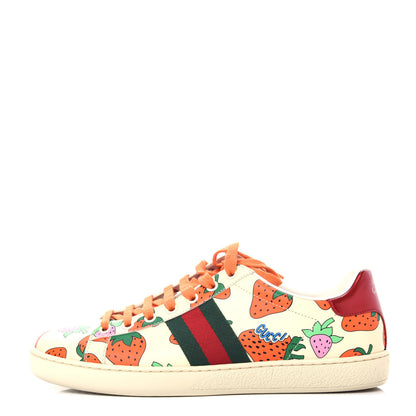 Gucci Calfskin Web Strawberry Print Womens Ace Sneakers 38.5 Ivory Red Green 1 of 11